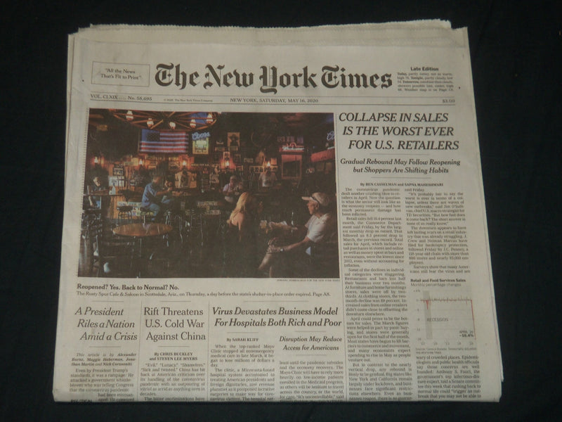2020 MAY 16 NEW YORK TIMES COLLAPSE IN SALES IS THE WORST EVE FOR U. S RETAILERS