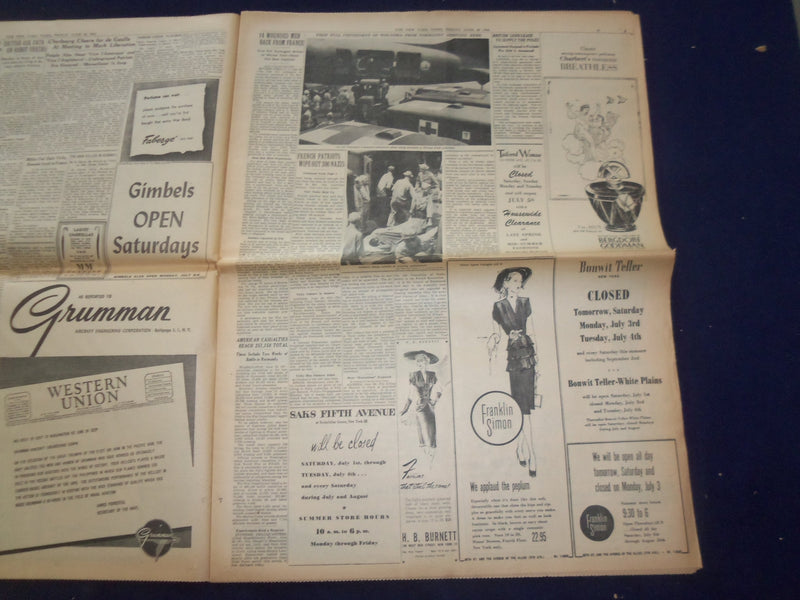 1944 JUNE 30 NEW YORK TIMES -GERMANS LASH OUT AT PINCERS GRIPPING CAEN - NP 6581