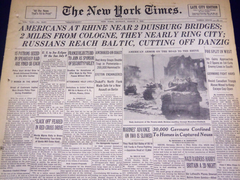 1945 MARCH 5 NEW YORK TIMES - AMERICANS AT RHINE NEAR 2 DUISBURG - NT 548