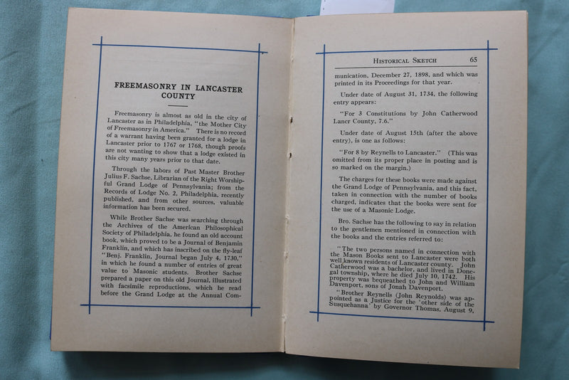 1929 BY-LAWS OF LEDGE NO. 43 HARDCOVER BOOK - LANCASTER, PENNSYLVANIA - K 3341