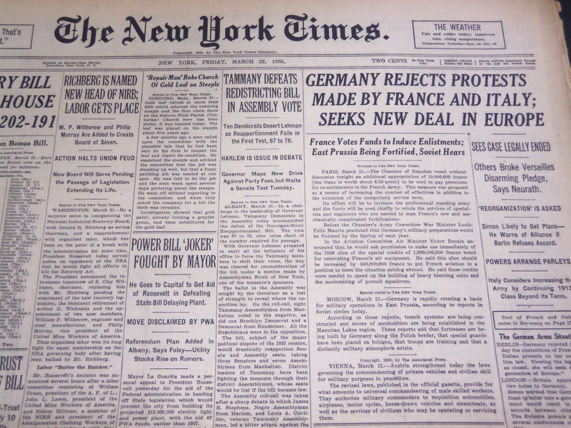 1935 MARCH 22 NEW YORK TIMES - TAMMANY DEFEATS REDISTRICTING BILL - NT 4920