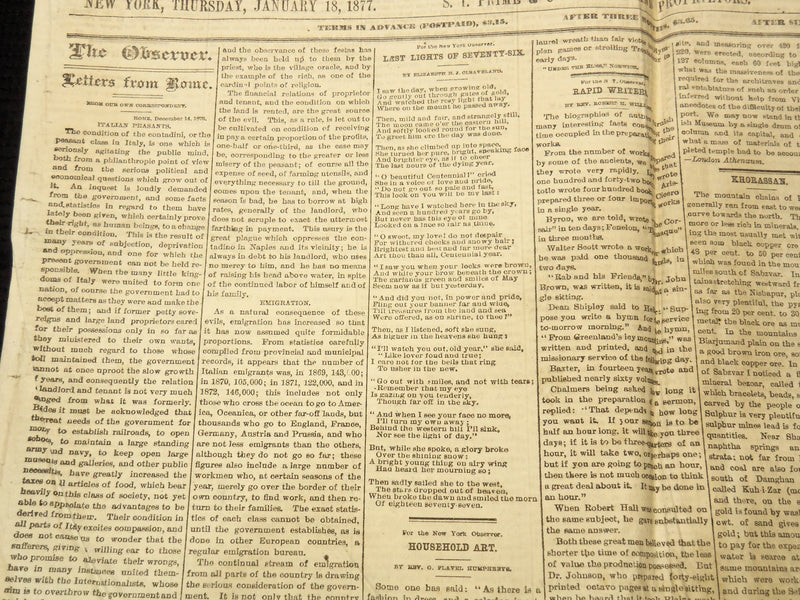 1877 JANUARY 18 NEW YORK OBSERVER NEWSPAPER - A THROUGH TRAIN - NP 8979