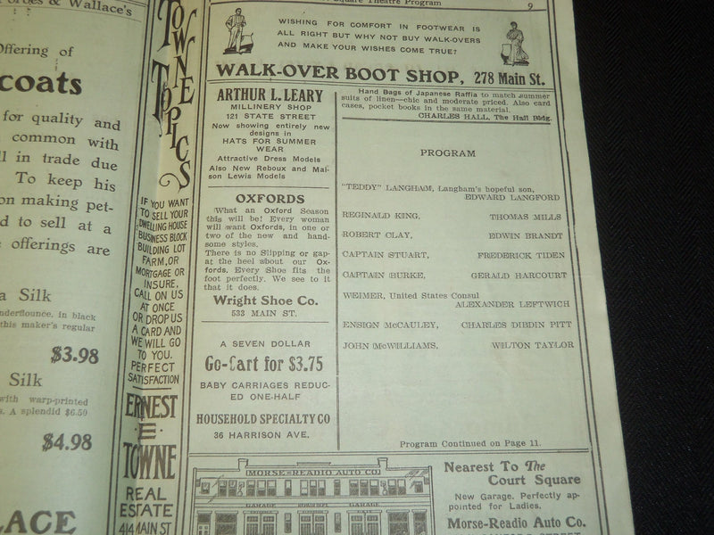 1910 GILMORE'S COURT SQUARE THEATRE PROGRAM - SPRINGFIELD MASSACHUSETTS - J 5384