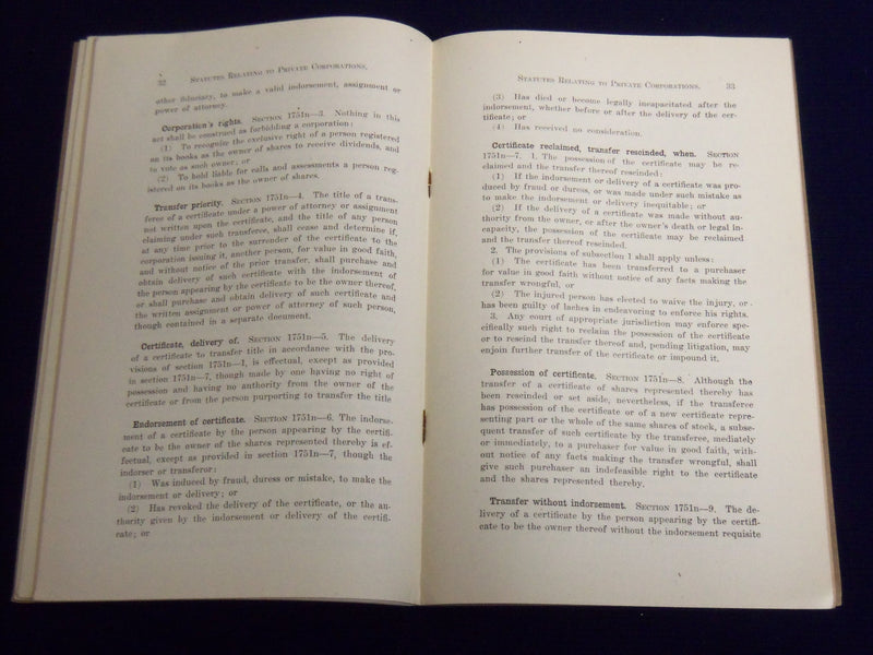 1913 AUGUST STATUTES OF WISCONSIN PRIVATE CORPORATIONS PREPARED BY DONALD- K 511