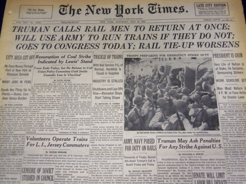 1946 MAY 25 NEW YORK TIMES - TRUMAN CALLS RAIL - MCCARTHY RESIGNS - NT 857