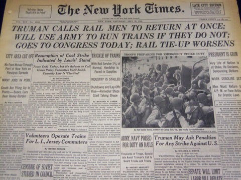1946 MAY 25 NEW YORK TIMES - TRUMAN CALLS RAIL - MCCARTHY RESIGNS - NT 857