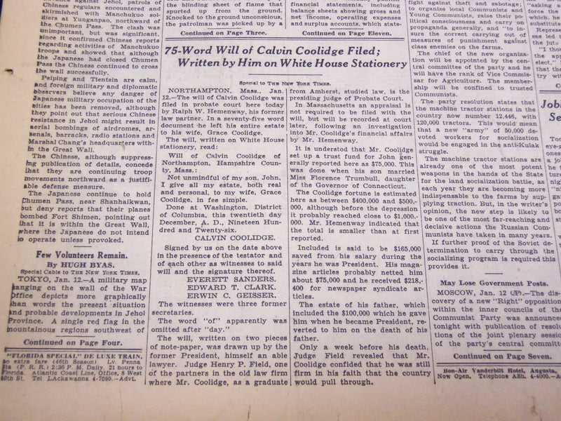 1933 JANUARY 13 NEW YORK TIMES - CALVIN COOLIDGE WILL FILED - NT 4182