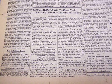 1933 JANUARY 13 NEW YORK TIMES - CALVIN COOLIDGE WILL FILED - NT 4182