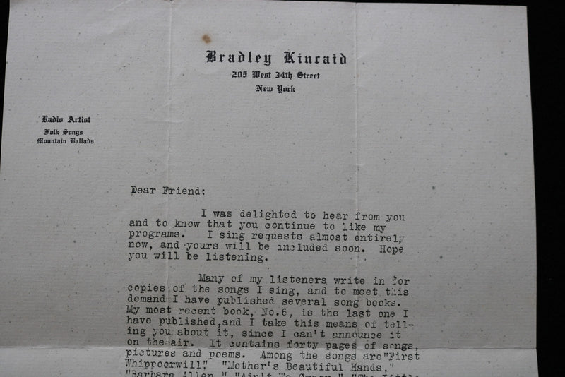 1930'S BRADLEY KINCAID FOLK SINGER TYPED LETTER - K 2763