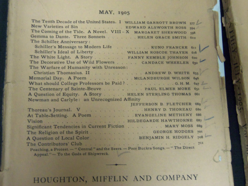 1905-1906 THE ATLANTIC MONTHLY MAGAZINE LOT 11 - STORIES & ARTICLES - WR 341Q