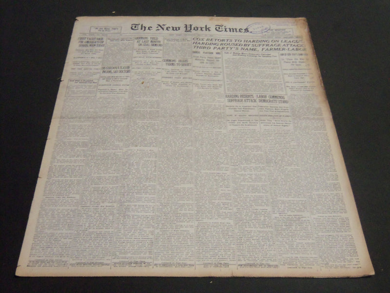 1920 JULY 15 NEW YORK TIMES - COX RETORTS TO HARDING ON LEAGUE - NT 6773