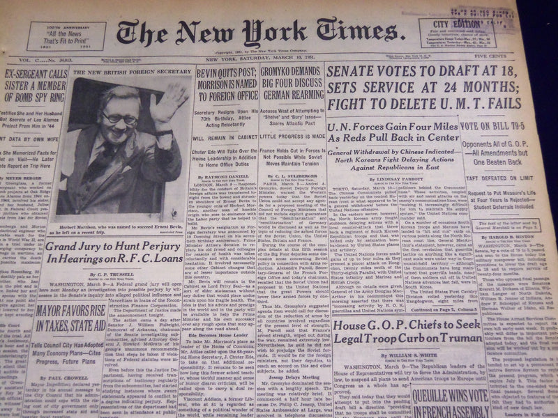 1951 MARCH 10 NEW YORK TIMES - SENATE VOTES TO DRAFT AT 18 - NT 2025