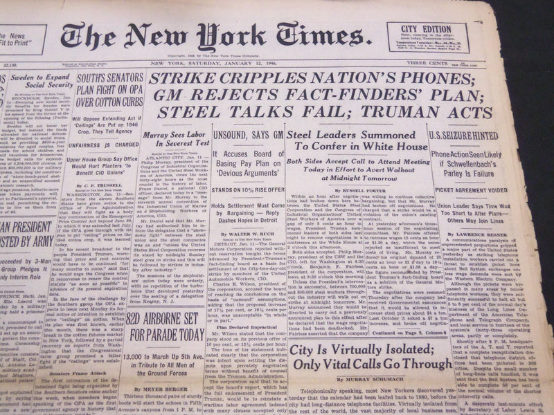 1946 JANUARY 12 NEW YORK TIMES - STRIKE CRIPPLES PHONES - NT 4242