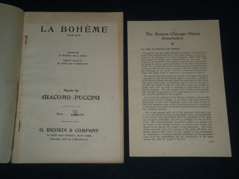 1898 GIACOMO PUCCINI LIBRETTOS PROGRAM LOT OF 3 - LA BOHEME - SCHICCHI - J 4089