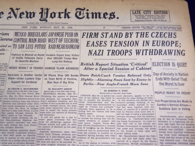 1938 MAY 23 NEW YORK TIMES - FIRM STAND BY CZECHS NAZI TROOPS WITHDRAW - NT 685