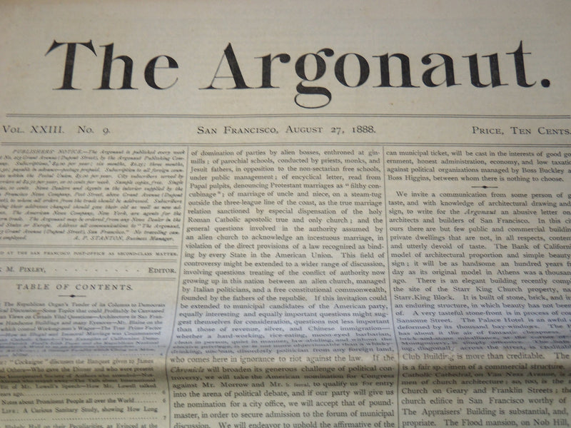 1888 THE ARGONAUT NEWSPAPER LOT OF 2 ISSUES - SAN FRANCISCO - NP 8959