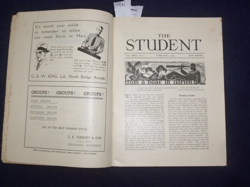 1938 FEB 1 THE STUDENT EDINBURGH UNIVERSITY MAGAZINE - JUBILEE NUMBER - J 9473