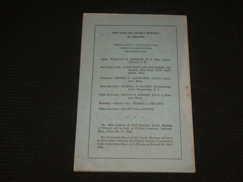 1952 MINTUES OF THE NEW ENGLAND YEARLY MEETING OF FRIENDS BOOK - J 7048