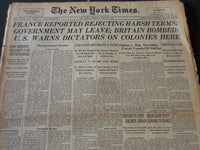 1940 JUNE 20 NEW YORK TIMES - FRANCE REJECTING HARSH TERMS - NT 5549