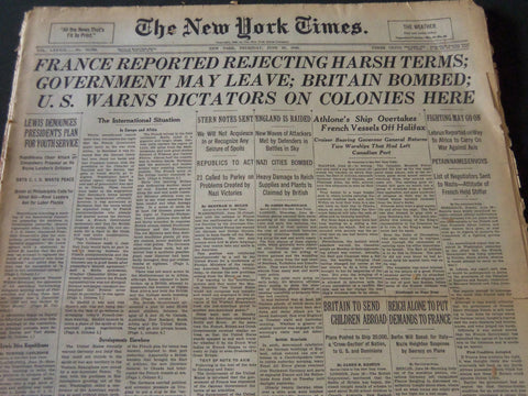 1940 JUNE 20 NEW YORK TIMES - FRANCE REJECTING HARSH TERMS - NT 5549