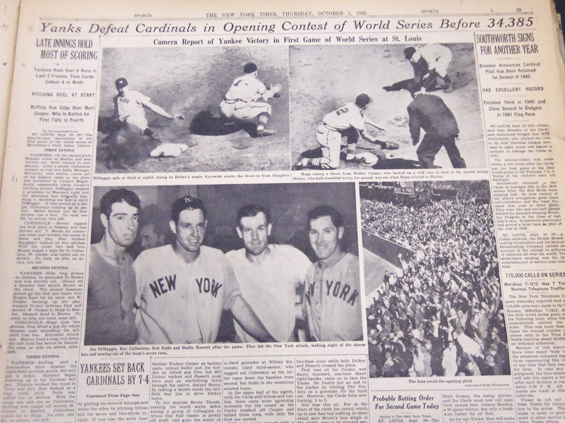1942 WORLD SERIES YANKEES DEFEAT CARDINALS 4-1 NEW YORK TIMES NEWSPAPER LOT OF 4