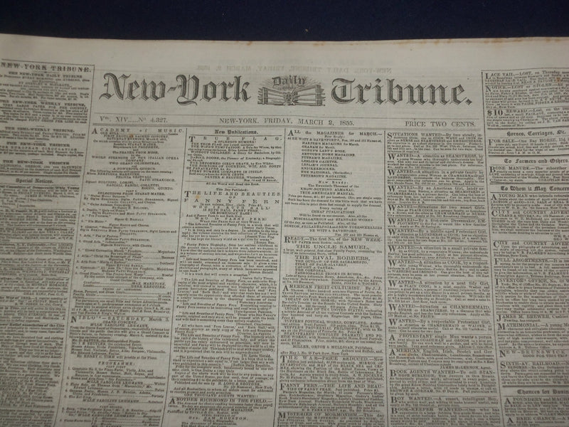 1855 MARCH 2 NEW YORK TRIBUNE NEWSPAPER - PANAMA RAILROAD OPENED - NP 5040