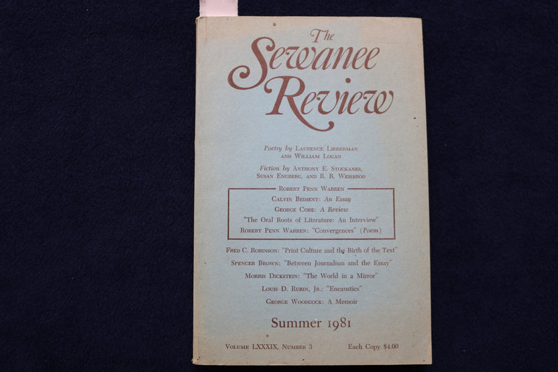 1981 SUMMER THE SEWANEE REVIEW SOFTCOVER BOOK-LOUIS D. RUBIN ESSAY SIGNED- K 737
