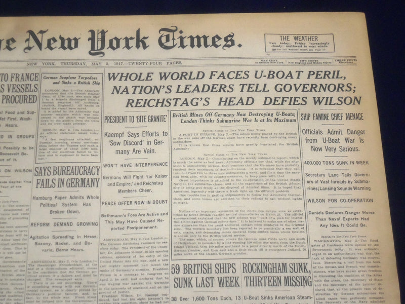 1917 MAY 3 NEW YORK TIMES - WHOLE WORLD FACES U-BOAT PERIL - NT 9132