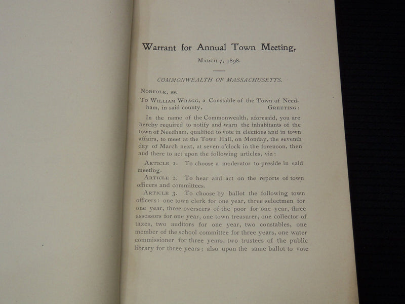 1898 TOWN OF NEEDHAM 187TH ANNUAL REPORT AND VALUATION - K 2707