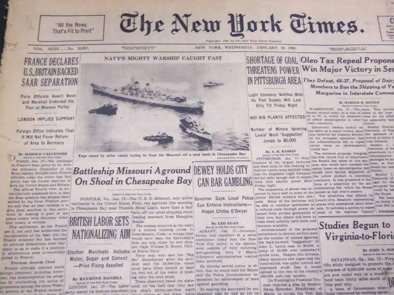 1950 JAN 18 NEW YORK TIMES - BATTLESHIP MISSOURI AGROUND IN CHESAPEAKE - NT 4578