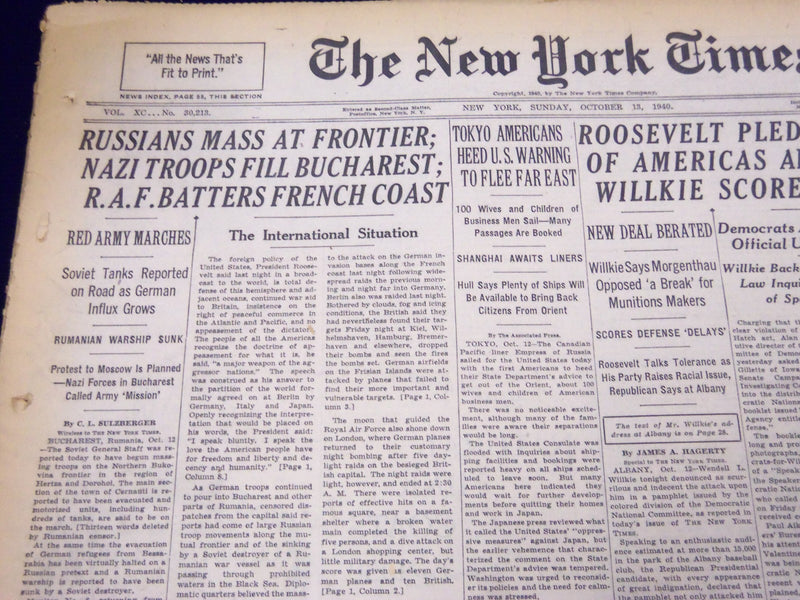 1940 OCT 13 NEW YORK TIMES RUSSIANS MASS AT FRONTIER, NAZIS IN BUCHEREST- NT 331
