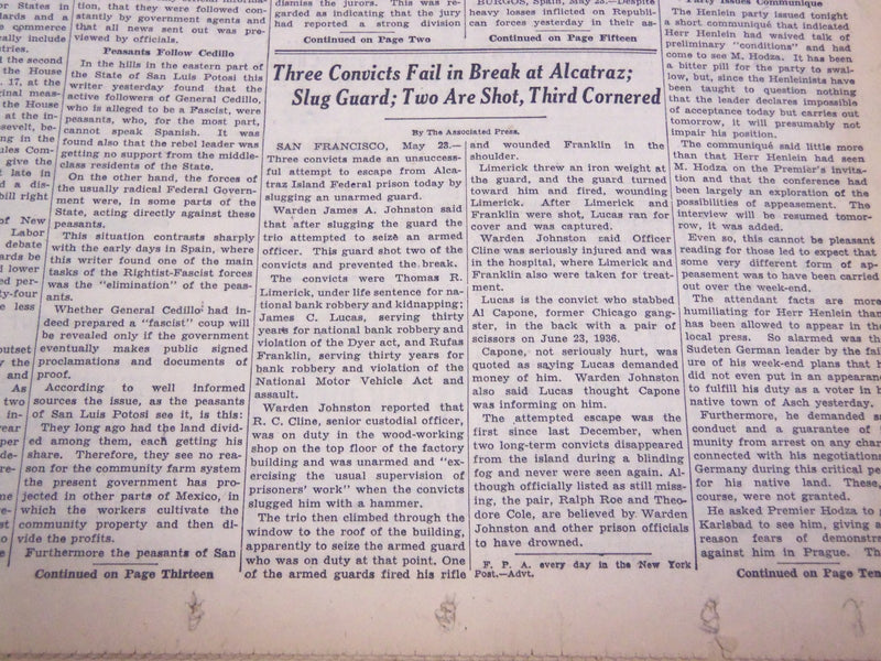 1938 MAY 24 NEW YORK TIMES - THREE CONVICTS FAIL IN BREAK AT ALCATRAZ - NT 684