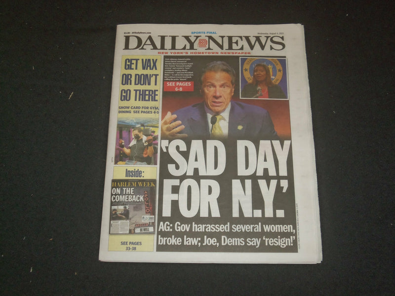 2021 AUGUST 4 NEW YORK DAILY NEWS NEWSPAPER - GOV. CUOMO HARRASED SEVERAL WOMEN