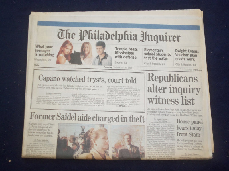 1998 NOV 19 PHILADELPHIA INQUIRER - REPUBLICANS ALTER INQUIRY WITNESS - NP 7171