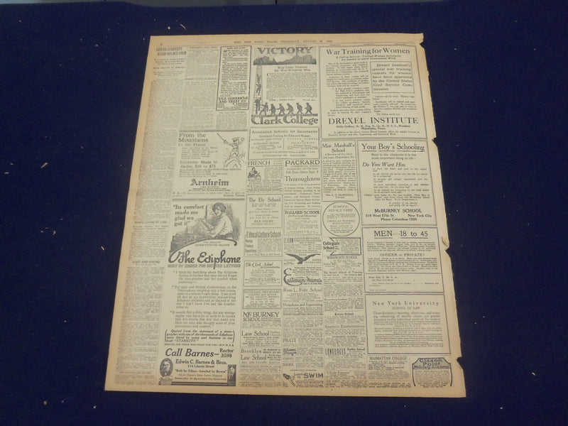 1918 AUGUST 22 NEW YORK TIMES - HAIG SMASHES GERMAN LINE ABOVE ALBERT - NT 9204