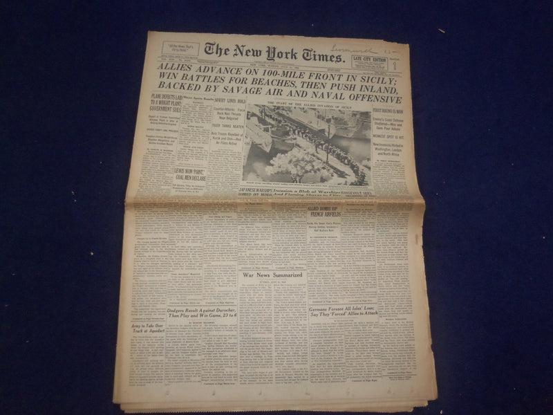 1943 JULY 11 NEW YORK TIMES -ALLIES ADVANCE ON 100-MILE FRONT IN SICILY- NP 6543