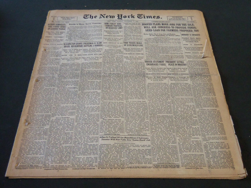 1930 NOVEMBER 9 NEW YORK TIMES - HOOVER PLANS MORE JOBS FOR THE IDLE - NT 5660
