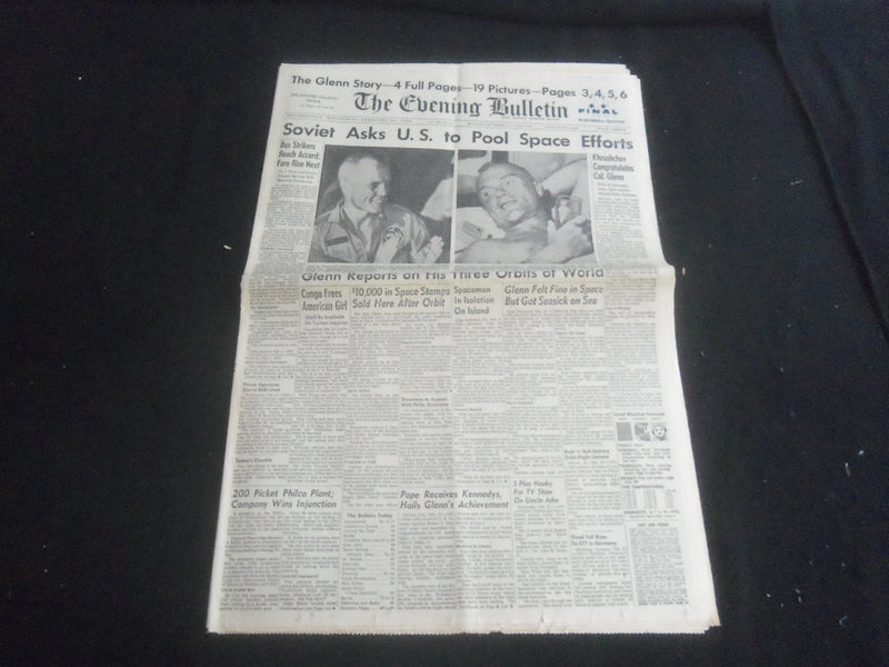 1962 FEBRUARY 21 THE EVENING BULLETIN NEWSPAPER - JOHN GLENN FLIGHT - NP 5770
