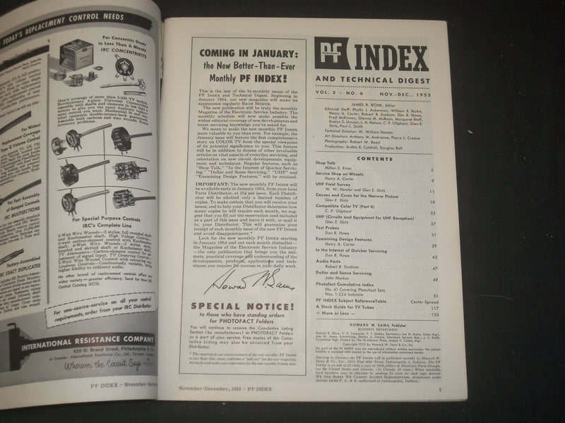 1953 NOVEMBER-DECEMBER PHOTOFACT MAGAZINE INDEX AND TECHNICAL DIGEST - ST 997B