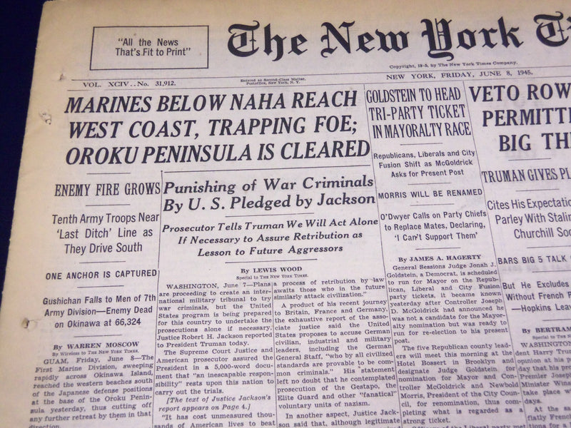 1945 JUNE 8 NEW YORK TIMES - MARINES BELOW NAHA REACH WEST COAST - NT 679