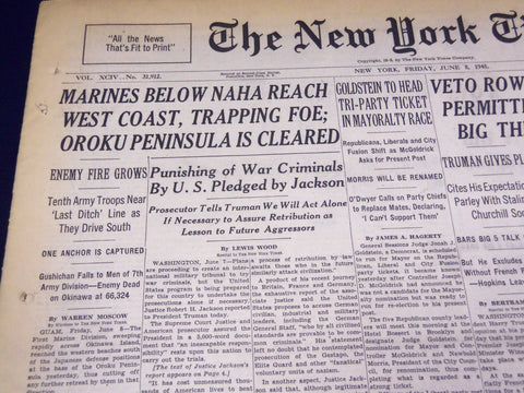 1945 JUNE 8 NEW YORK TIMES - MARINES BELOW NAHA REACH WEST COAST - NT 679