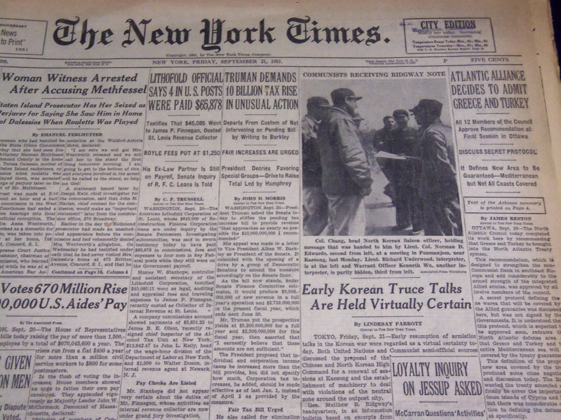 1951 SEPT 21 NEW YORK TIMES - EARLY KOREAN TRUCE TALKS HELD - NT 2003