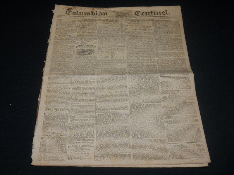 1824 FEBRUARY 28 COLUMBIAN CENTINEL NEWSPAPER - LATHROP FOR GOVERNOR - NP 4820