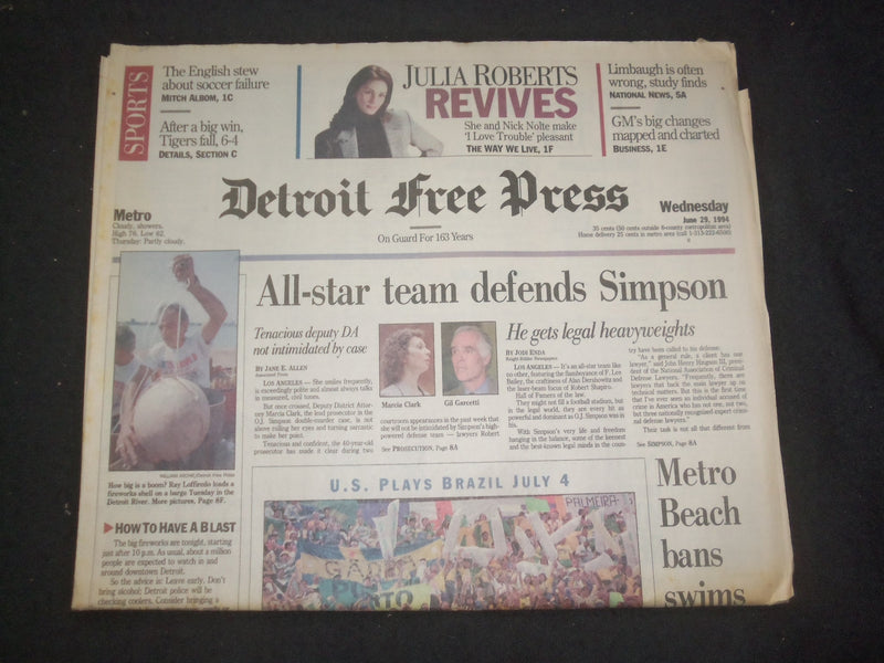1994 JUNE 29 DETROIT FREE PRESS NEWSPAPER - O.J. SIMPSON DEFENSE TEAM - NP 7698