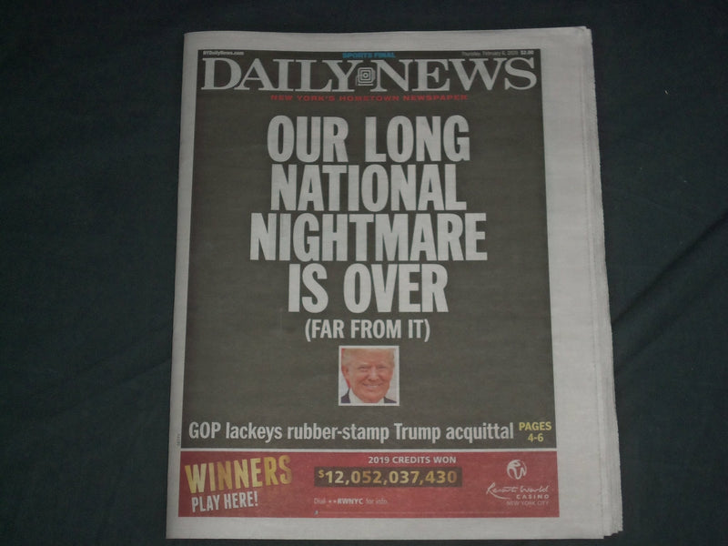 2020 FEBRUARY 6 NEW YORK DAILY NEWS NEWSPAPER - TRUMP ACQUITTED OF IMPEACHMENT
