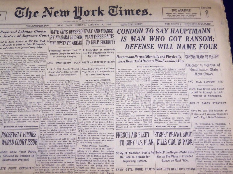 1935 JAN 6 NEW YORK TIMES - CONDON SAY HAUPTMANN MAN WHO GOT RANSOM - NT 1940