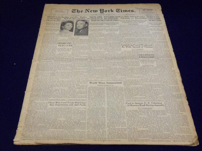 1949 OCT 31 NEW YORK TIMES - BARKLEY AND MRS. HADLEY WILL MARRY - NT 2637