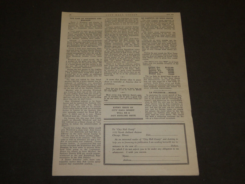 1926 APRIL CITY HALL GOSSIP MAGAZINE VOLUME 1 NO. 1 - CHICAGO - J 3520