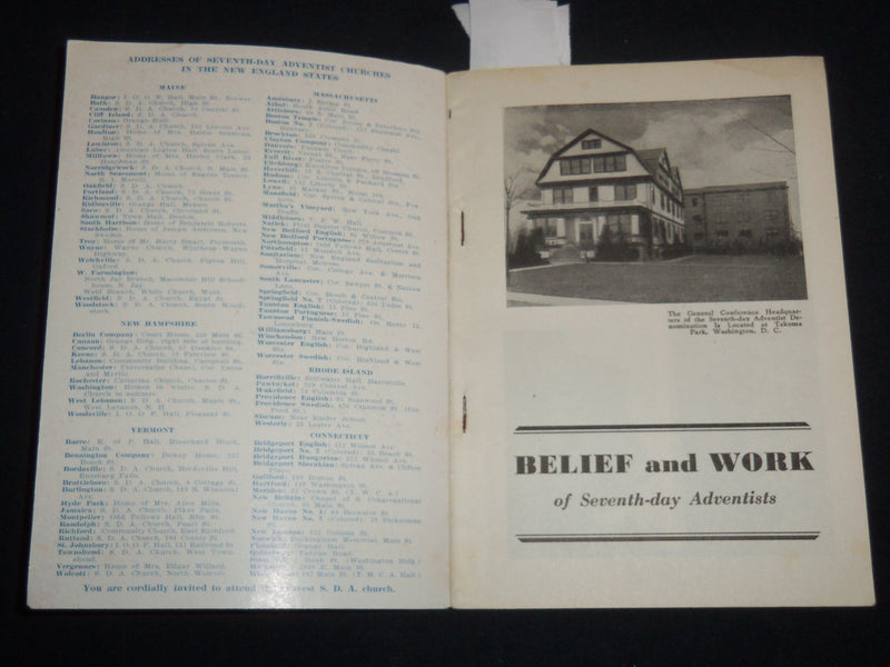 1942 SEVENTH-DAY ADVENTISTS BELIEF AND WORK SOFTCOVER BOOK - J 9294