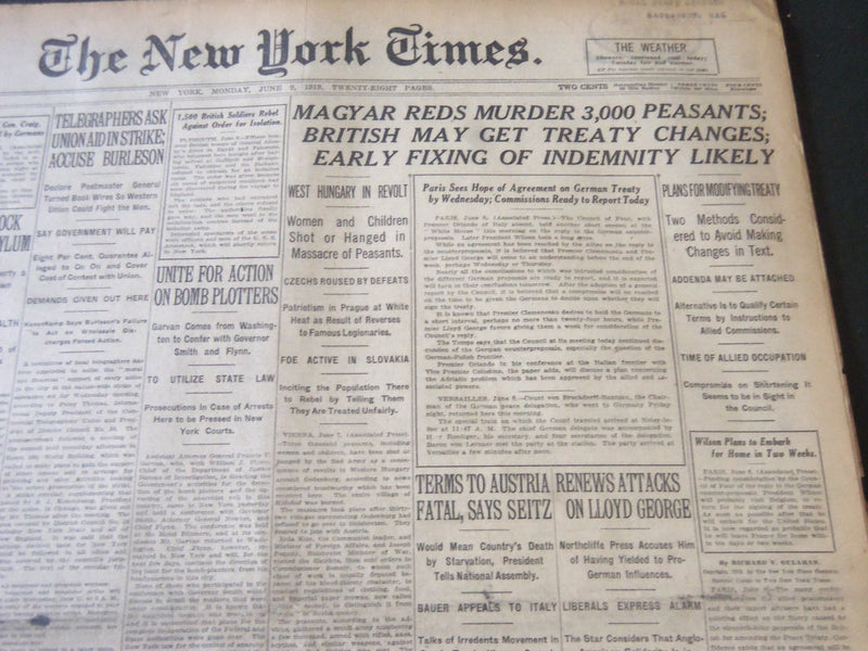 1919 JUNE 9 NEW YORK TIMES - MAGYAR REDS MURDER 3,000 PEASANTS - NT 6422